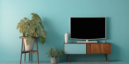 Tv on light blue wall with wooden table and plant in pot empty living room interriorの素材
