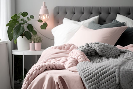 In a pleasant bedroom a pink blanket covers a white and grey bedの素材