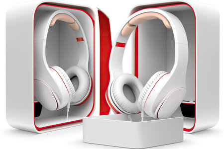 Two sets of wireless headphones both white and housed in white casesの素材