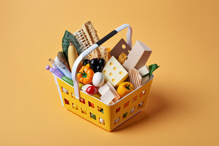 Shopping basket with food on color backgroundの素材