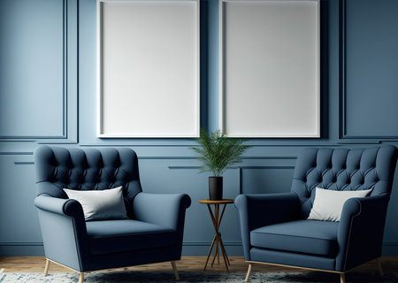 Two poster frames mockup in stylish blue living room,の素材