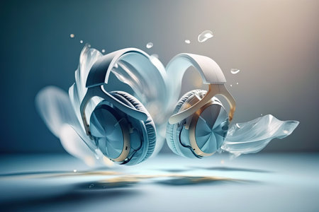 These are just some basic wireless headphones floating in the air against a bright backgroundの素材