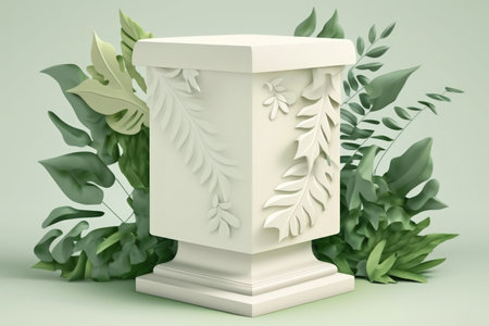 a white product display pedestal with a background of fuzzy leaves from natureの素材