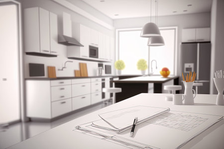 a home background with a kitchen and a desk that are both out of focusの素材