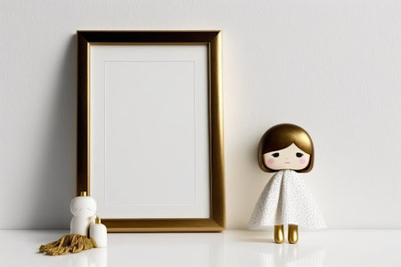 White desk with a wooden doll gold frame and marble on an empty wall together with French francsの素材