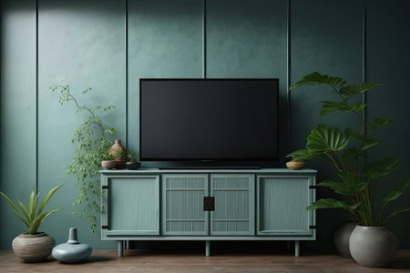 Japanese living room TV cabinet on antique green wallの素材