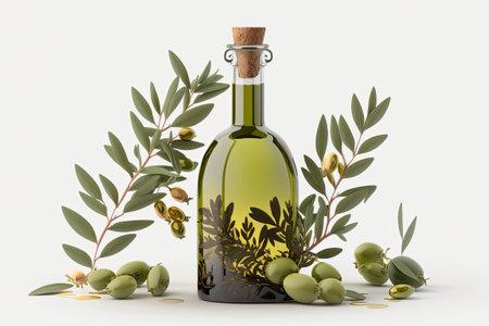 olive oil bottle with green olives on a white backdropの素材
