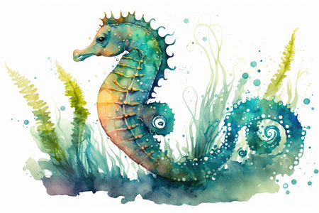 Cartoon Sea Animal Watercolor Painting of a Seahorseの素材