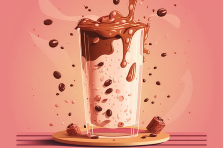Coffee beans and cream are poured over iced coffee in a large glass on a pink backgroundの素材
