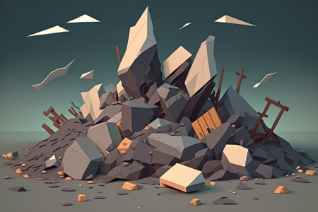 A pile of building debris and concrete shards against a gloomy sky. Backgroundの素材