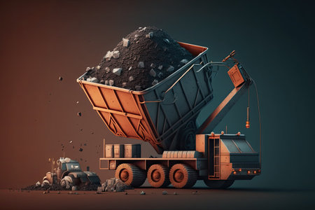 Coking coal being unloaded from a dump truck in an industrial neighborhoodの素材