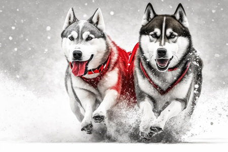 In the winter two Siberian huskies one red and one gray pull a sled through the snowの素材