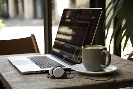 Laptop with blank screen cups headphones and coffee on a cafe table. Freelance officeの素材