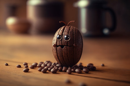 Concept of coffee beans on a wooden table. macro photography at close rangeの素材