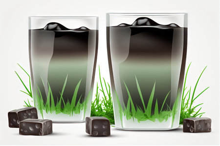 Milk glasses with delicious grass jelly on a white backdrop. Banner formatの素材