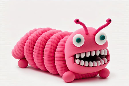 Wriggling worm made of pink plasticine with sharp teeth. On a white background a characterの素材