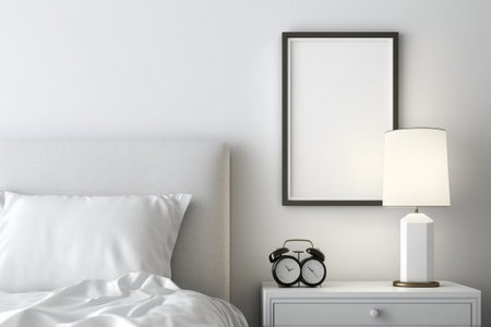 modern bedroom with side table light and bare frameの素材