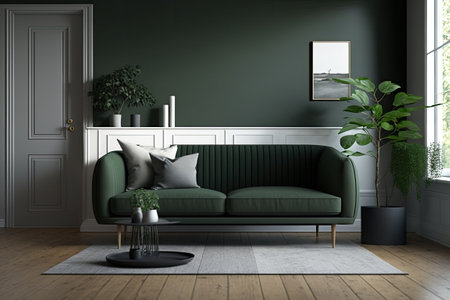 Gray living room with wooden floor soft dark green sofa and coffee table. side view mockupの素材
