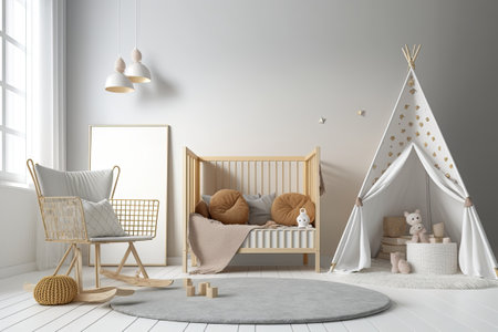 Newborn bedroom with wood cradle chair carpet lamp wall posterの素材