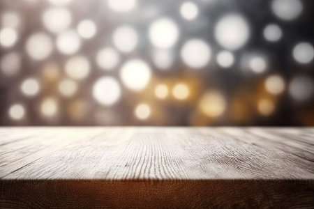 Empty wooden deck table on a bokeh backdrop perfect for use as a display tableの素材