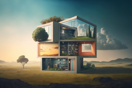 Imagining a brand new home with huge windows. Roofless dwelling. Terrace. landscapingの素材