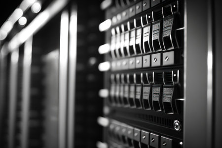 Black and white image showing the bottom of a server rack in a data center with a depth of fieldの素材