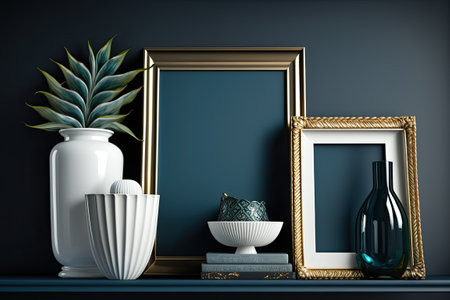 Shelf with decorative items and empty frames against a dark blue wallの素材