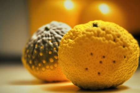 Just before harvest yuzu fruit started to turn yellow. macro photography at close rangeの素材
