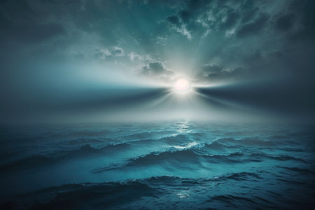 Natural photo background of a dramatic foggy sky above the oceanの素材