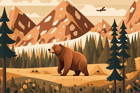 Seamless pattern in mountains featuring a brown grizzly bear on a forest backgroundの素材