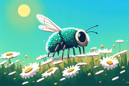 An apex insect buzzing around a field of daisiesの素材