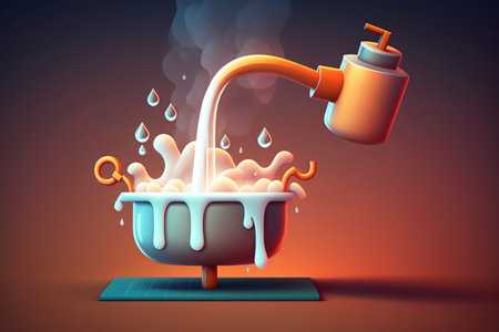 hot water is being poured from a faucet into a steaming bathの素材