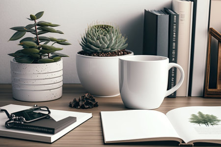 Mockup table with coffee plant and books. workspace for product display montageの素材