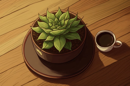High angle shot of a cup of coffee and a potted sempervivum houseplant on a rustic wooden backgroundの素材