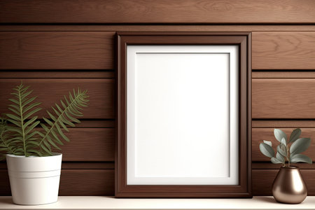 Empty wooden frame mockup on mahogany boards. Mahogany wall paneling. Website backgroundの素材