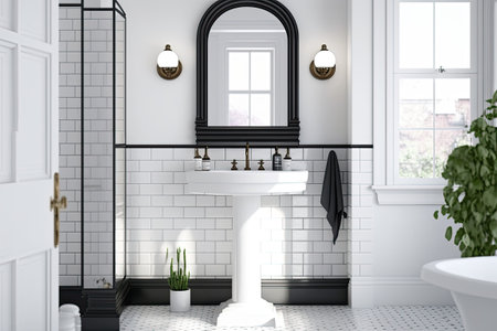Vintage White Bathroom with Pedestal Sink Subway Tile and Black Matte Fixturesの素材