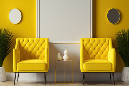 Two contemporary armchairs in front of a bright yellow wall in the living roomの素材