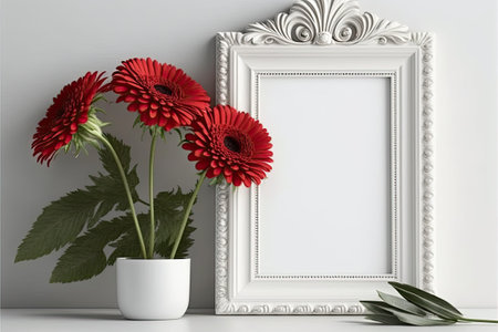White frame and backdrop with red gerbera blooms. mockupの素材