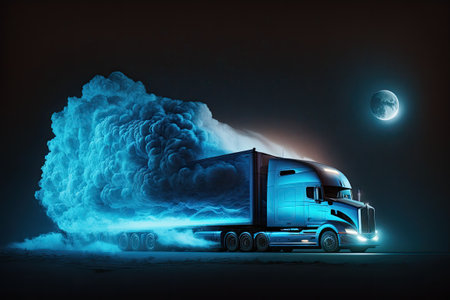 Sky is dark blue and a big transport truck with a controlled flare is seen against the backgroundの素材