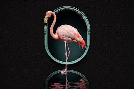 Beautiful pink flamingo in isolation gazing at its own mirrorの素材