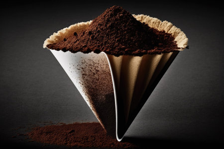 An empty coffee filter with used ground coffee in it seen from the sideの素材