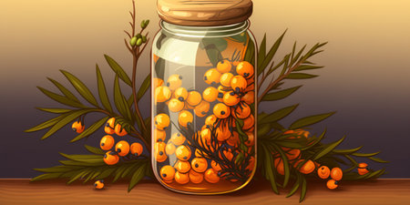 glass jar with ripe sea buckthorn berries resting on a wooden boardの素材