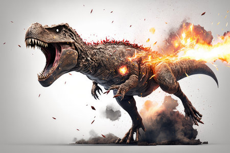 Tyrannosaurus (T rex) dinosaur being shot against a white backgroundの素材