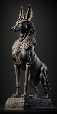 carved stone statue of Anubis. Egyptian god of death against a dark backgroundの素材