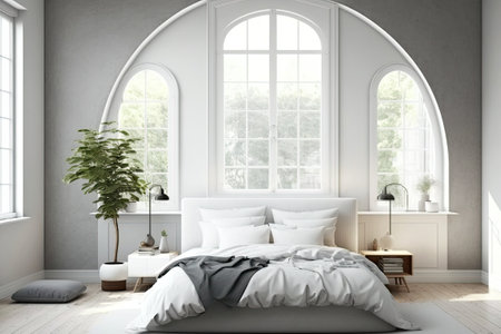White arched window bedroom corner with king-size bed and wall-mounted bedside table. Atop. mockupの素材