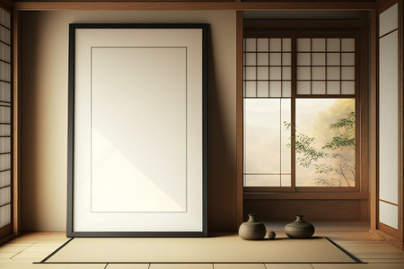 Vacant room with Japanese decor and tatami mat floorの素材