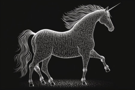 The entire length of a Unicorn, outlined in white on a black backgroundの素材