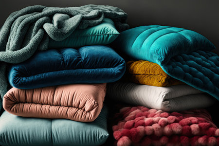 The interior has a nicely arranged pile of multicolored velour bedspreadsの素材