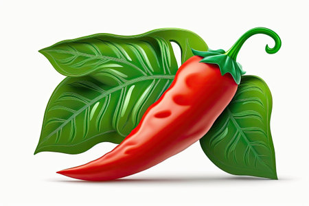 The red chili pepper is on a white background with a green leafの素材
