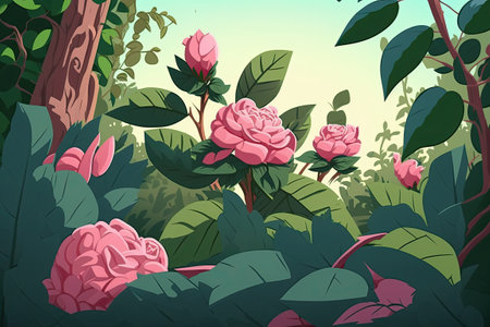 The rose garden is full of pink flowersの素材